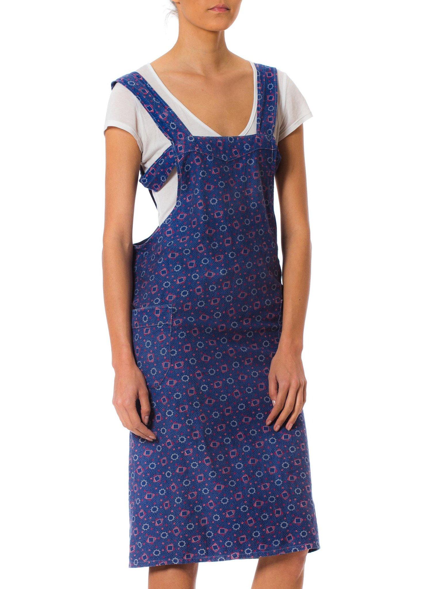 1920S Blau & Rot Baumwolle Arbeitskleidung Geo gedruckt Schürze Kleid