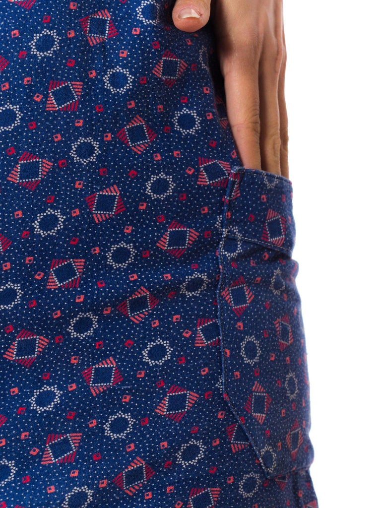 Women's 1920S Blue & Red Cotton Workwear Geo Printed Apron Dress For Sale