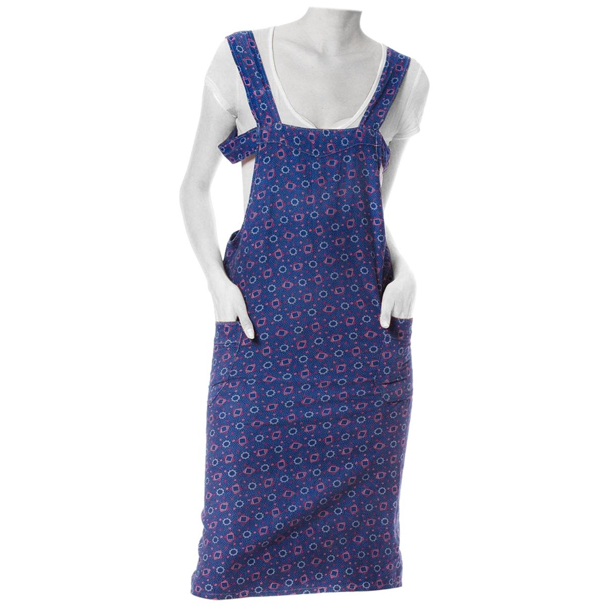 1920S Blue & Red Cotton Workwear Geo Printed Apron Dress