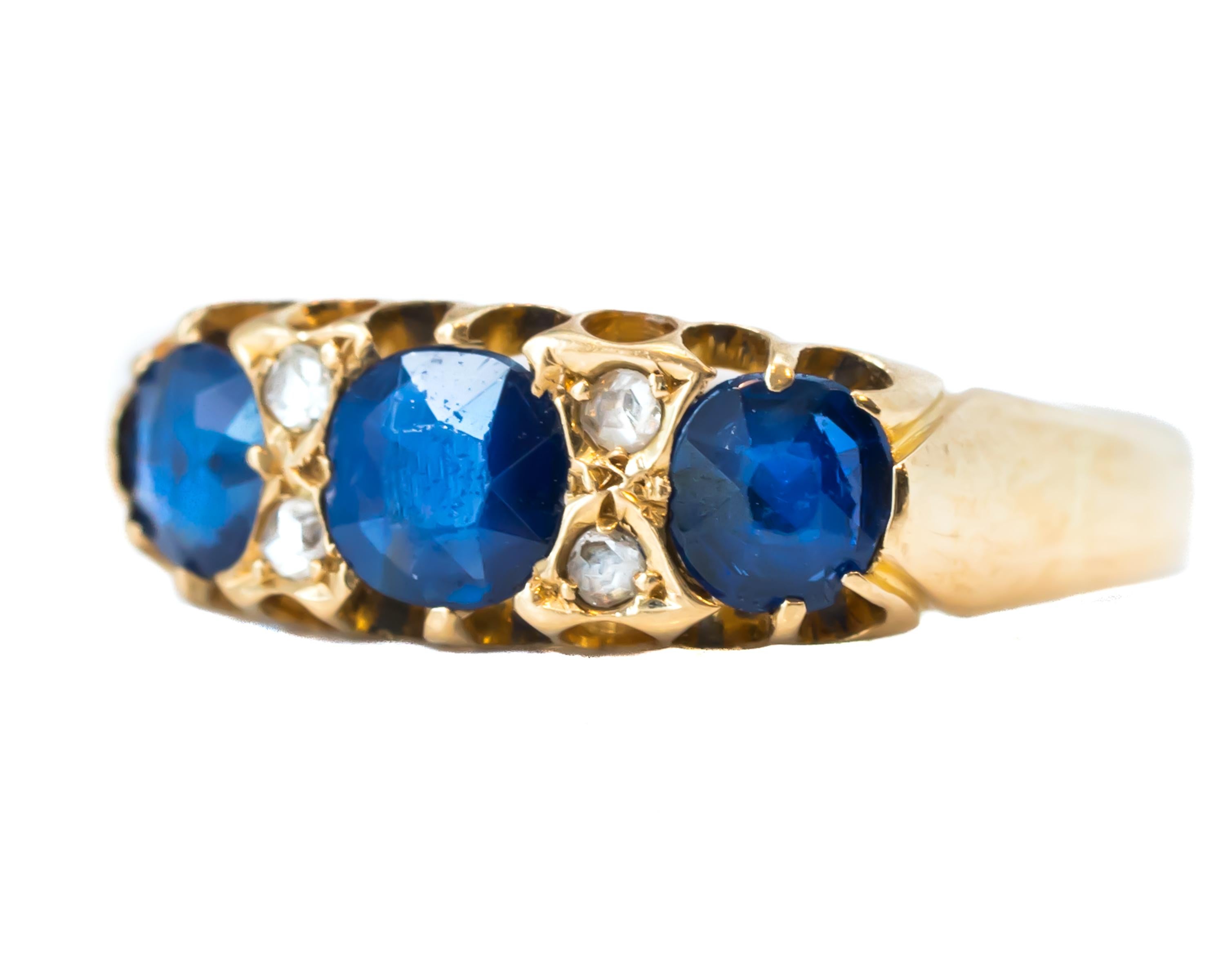 Round Cut 1920s Blue Sapphire and Diamond 18 Karat Yellow Gold Band Ring