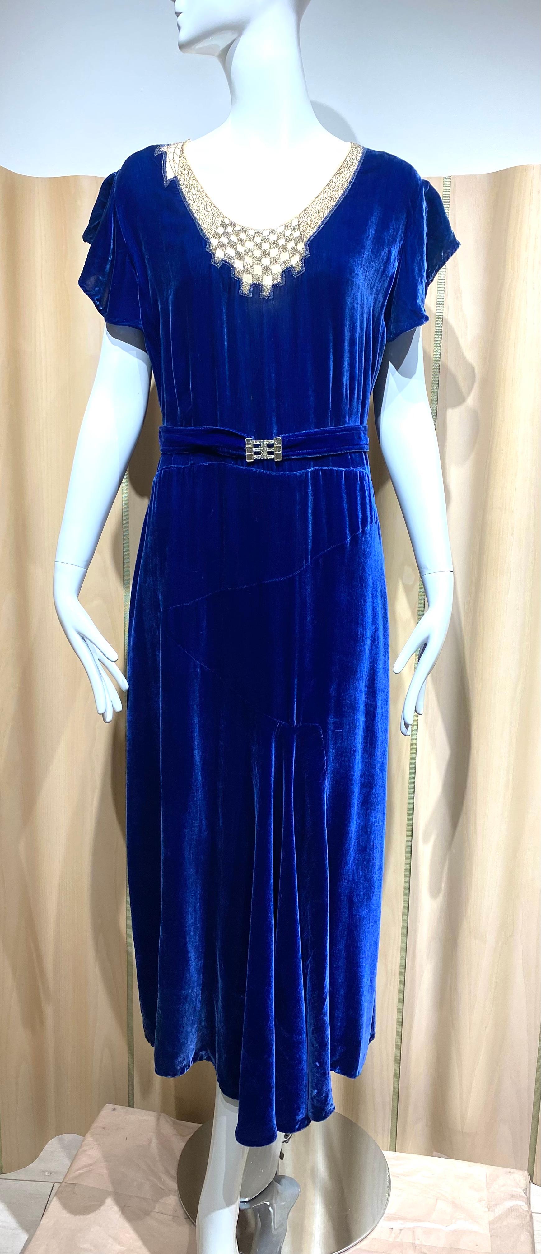 1920s Blue Velvet Cocktail Dress 3