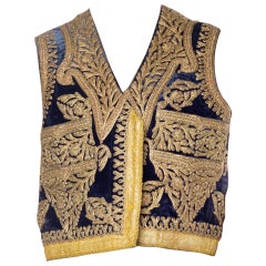 1920S Blue Velvet Mens Boho Vest With Gold Braid Hand Embroidery