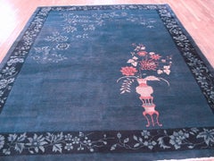 1920s Blue w Floral Vase Design Antique Chinese Art Deco Rug 9' X 11'8" Carpet