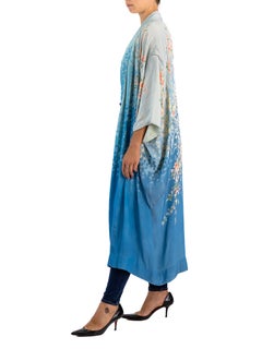 1920S Blue & White Silk Ombré Floral Print Kimono
