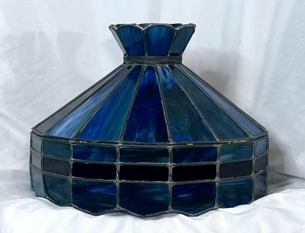 Early 20th Century 1920s Blue With Red Stripe Slag Glass Lamp/ Shade For Sale