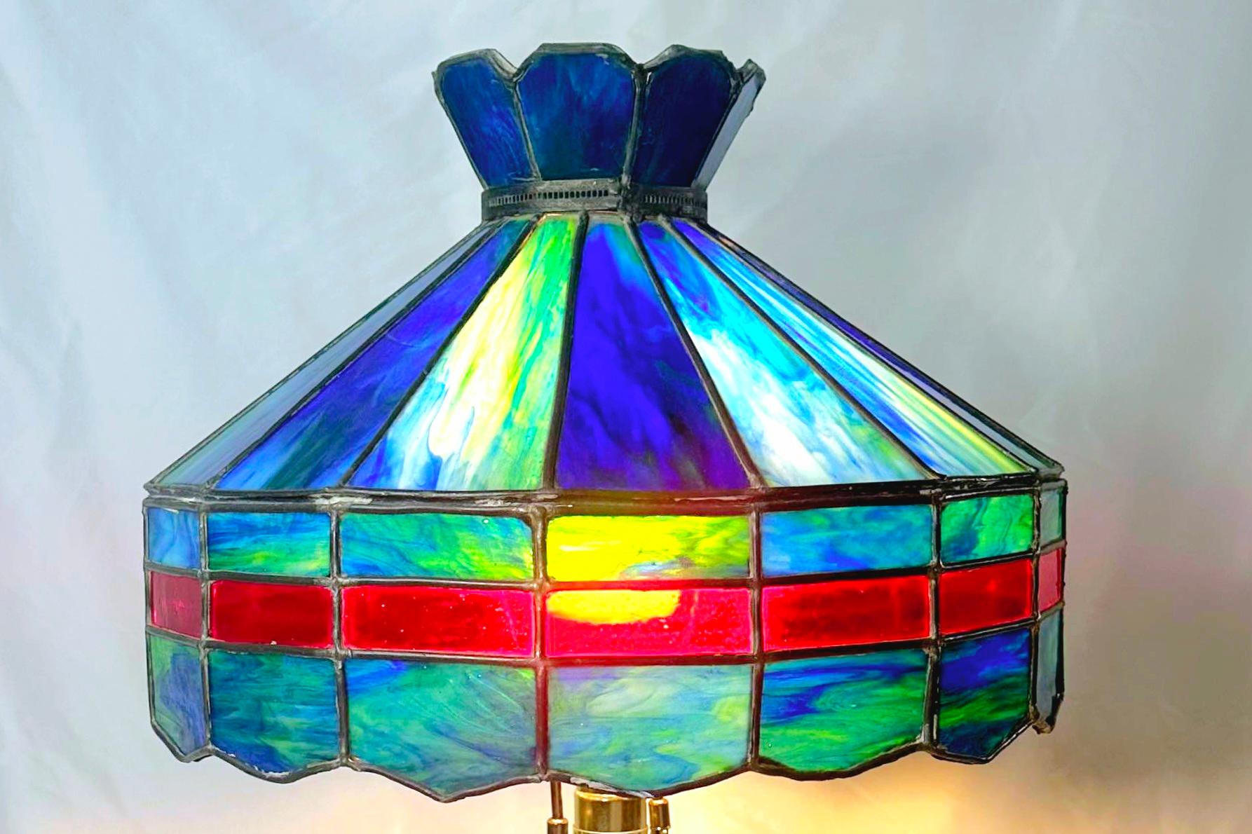 1920s Blue With Red Stripe Slag Glass Lamp/ Shade For Sale 4