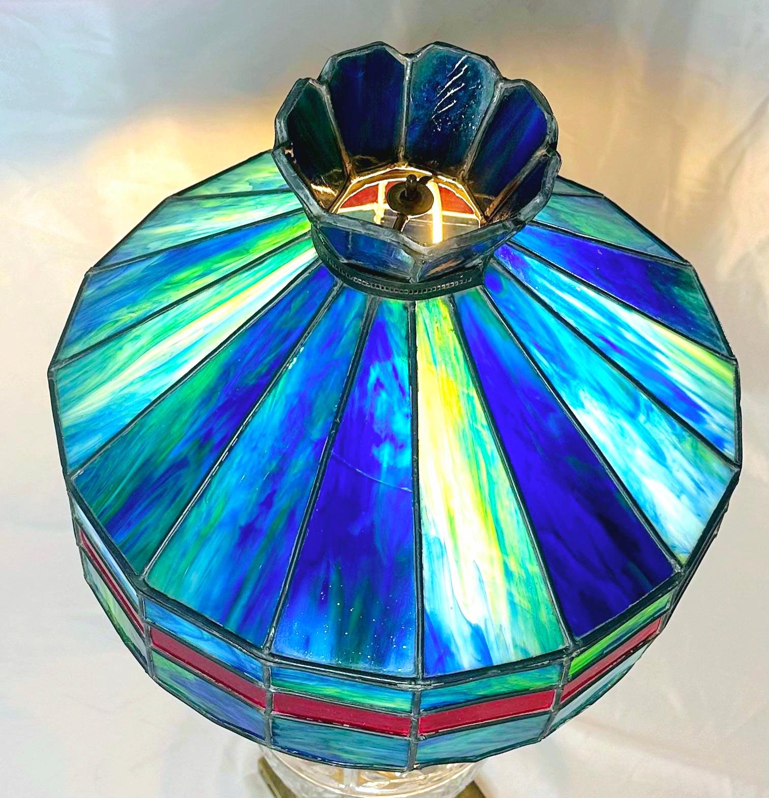 This is just the shade.
Could be used for a table or floor lamp.
A pendant or chandelier. 
Gorgeous blue slag glass.
Ranges from sea foam to turquoise to royal blue.
Shocking red stripe only appears when light is behind the shade.
This piece is a