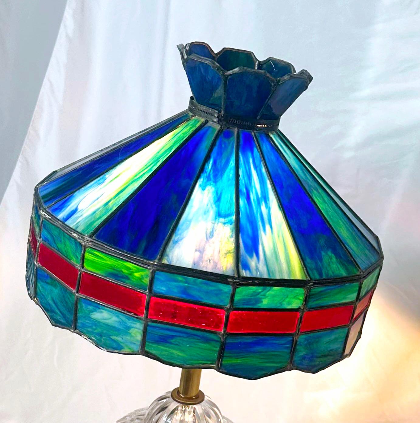 American Craftsman 1920s Blue With Red Stripe Slag Glass Lamp/ Shade For Sale