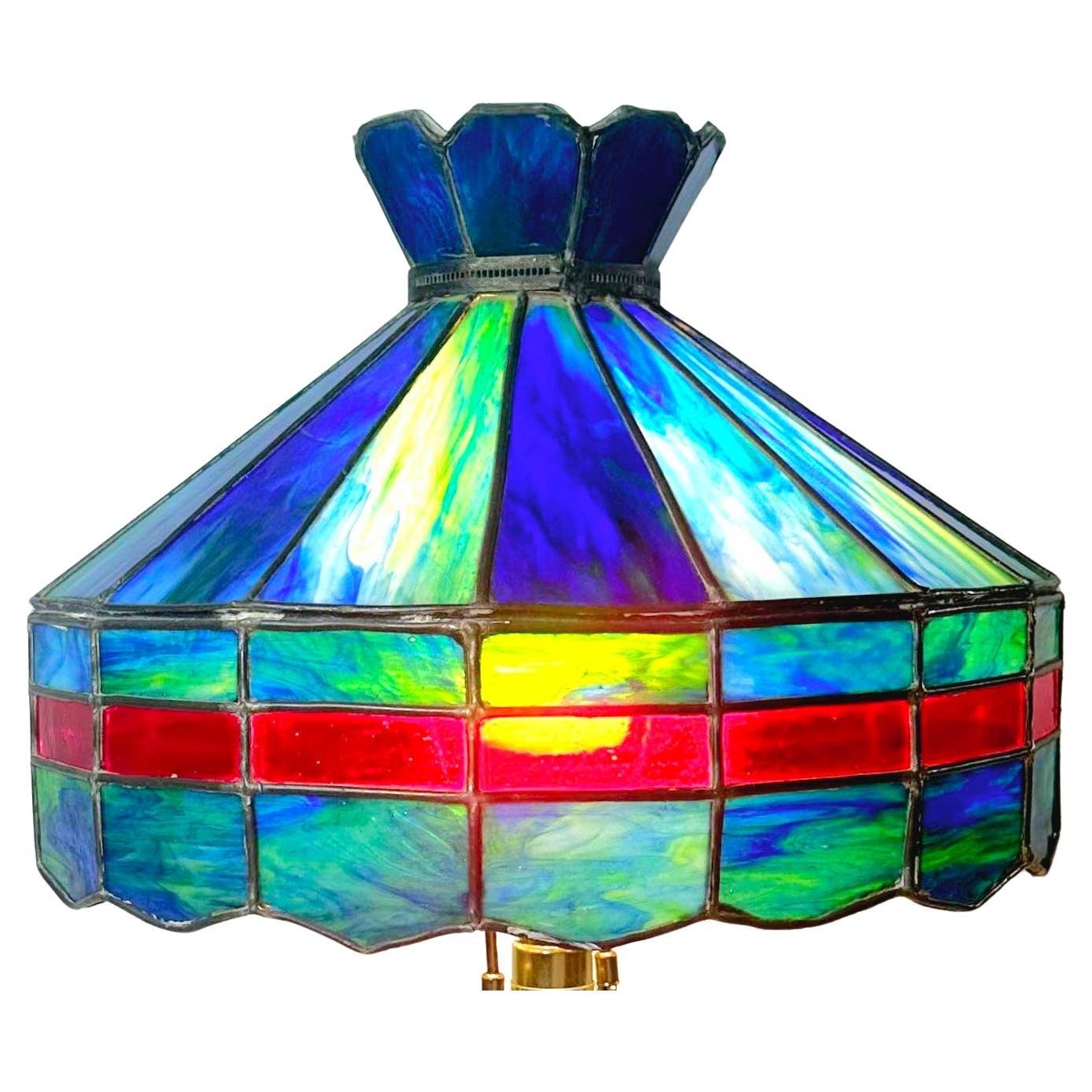 1920s Blue With Red Stripe Slag Glass Lamp/ Shade For Sale