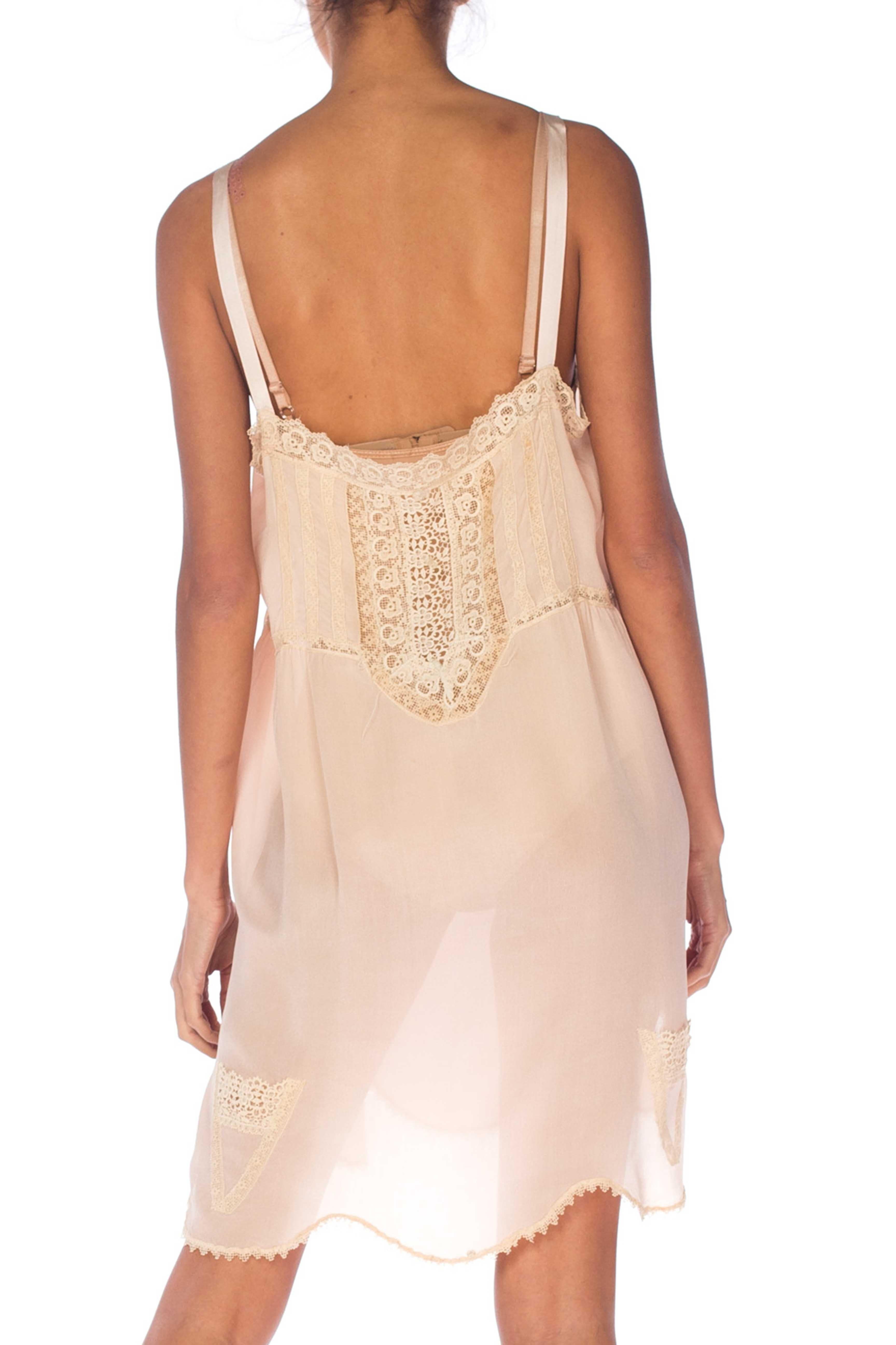 1920S Blush Pink Silk Crepe De Chine Lace Trimmed Negligee Slip Dress For Sale 3