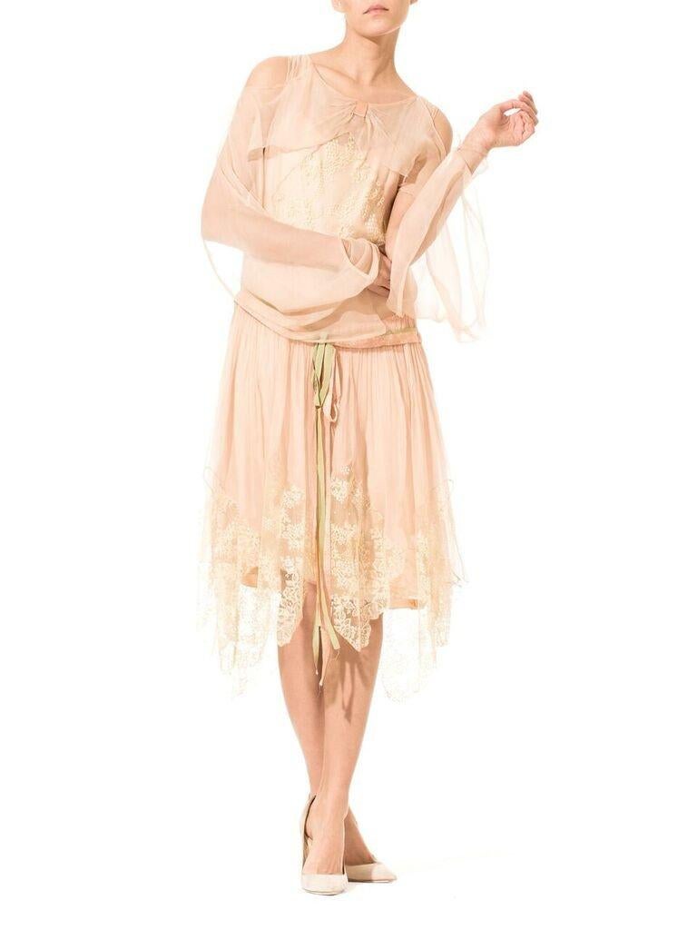 1920S Blush Pink Silk Mousseline  & Ivory Chantilly Lace Day Dress With Ribbon Belt
