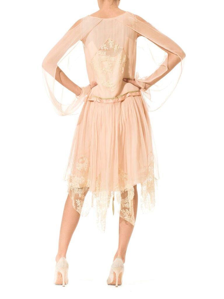 White 1920S Blush Pink Silk Mousseline  & Ivory Chantilly Lace Day Dress With Ribbon 
