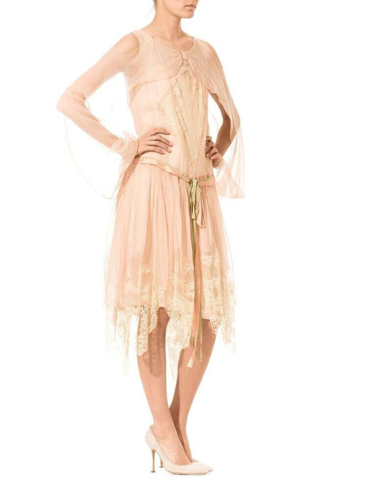 Women's 1920S Blush Pink Silk Mousseline  & Ivory Chantilly Lace Day Dress With Ribbon 