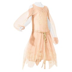 1920S Blush Pink Silk Mousseline  & Ivory Chantilly Lace Day Dress With Ribbon