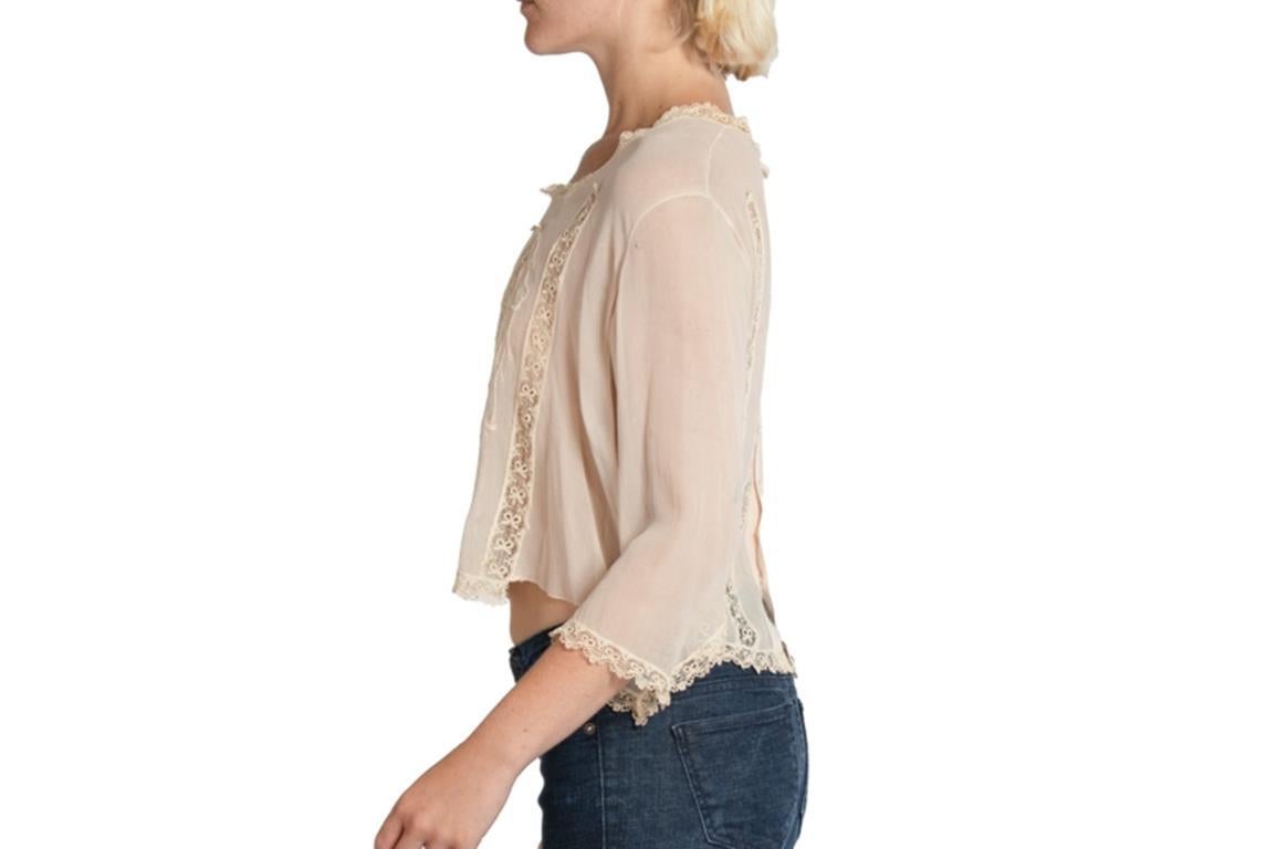 1920S Blush Sheer Silk Chiffon Embroidered Lace Top In Excellent Condition For Sale In New York, NY