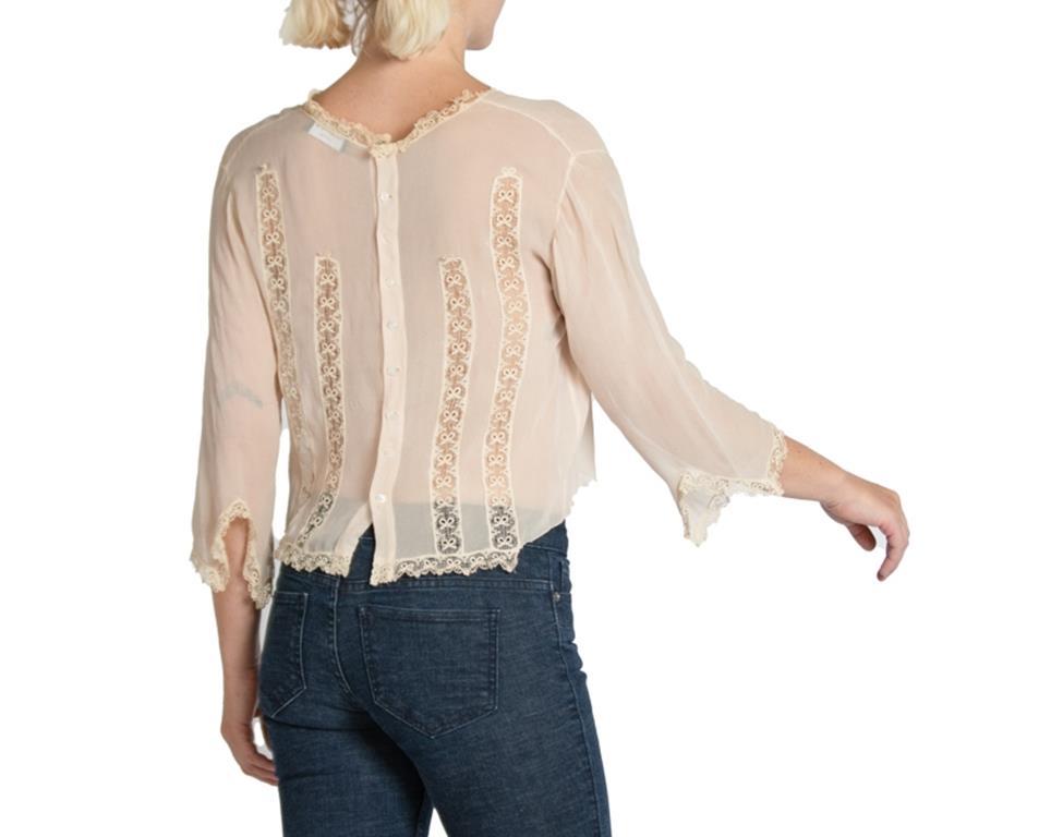 Women's 1920S Blush Sheer Silk Chiffon Embroidered Lace Top For Sale