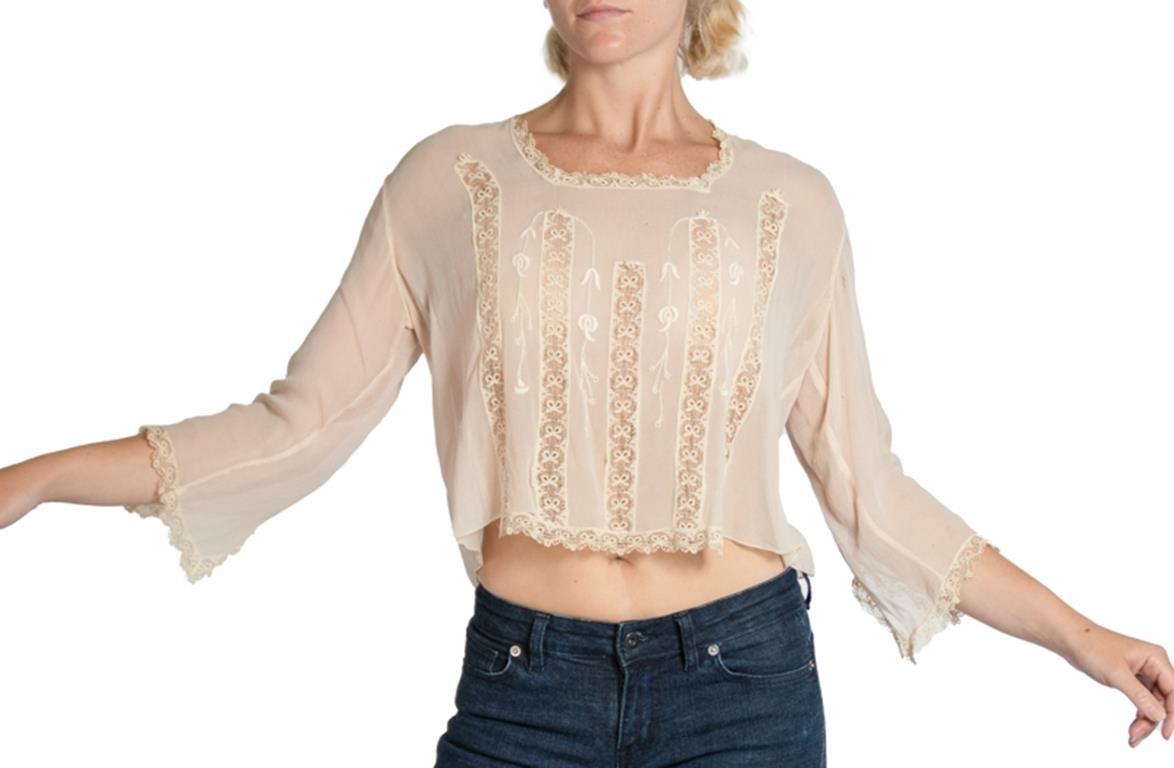 1920S Blush Sheer Silk Chiffon Embroidered Lace Top For Sale 1