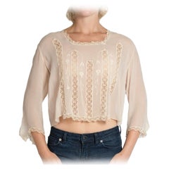 1920S Blush Sheer Silk Chiffon Embroidered Lace Top