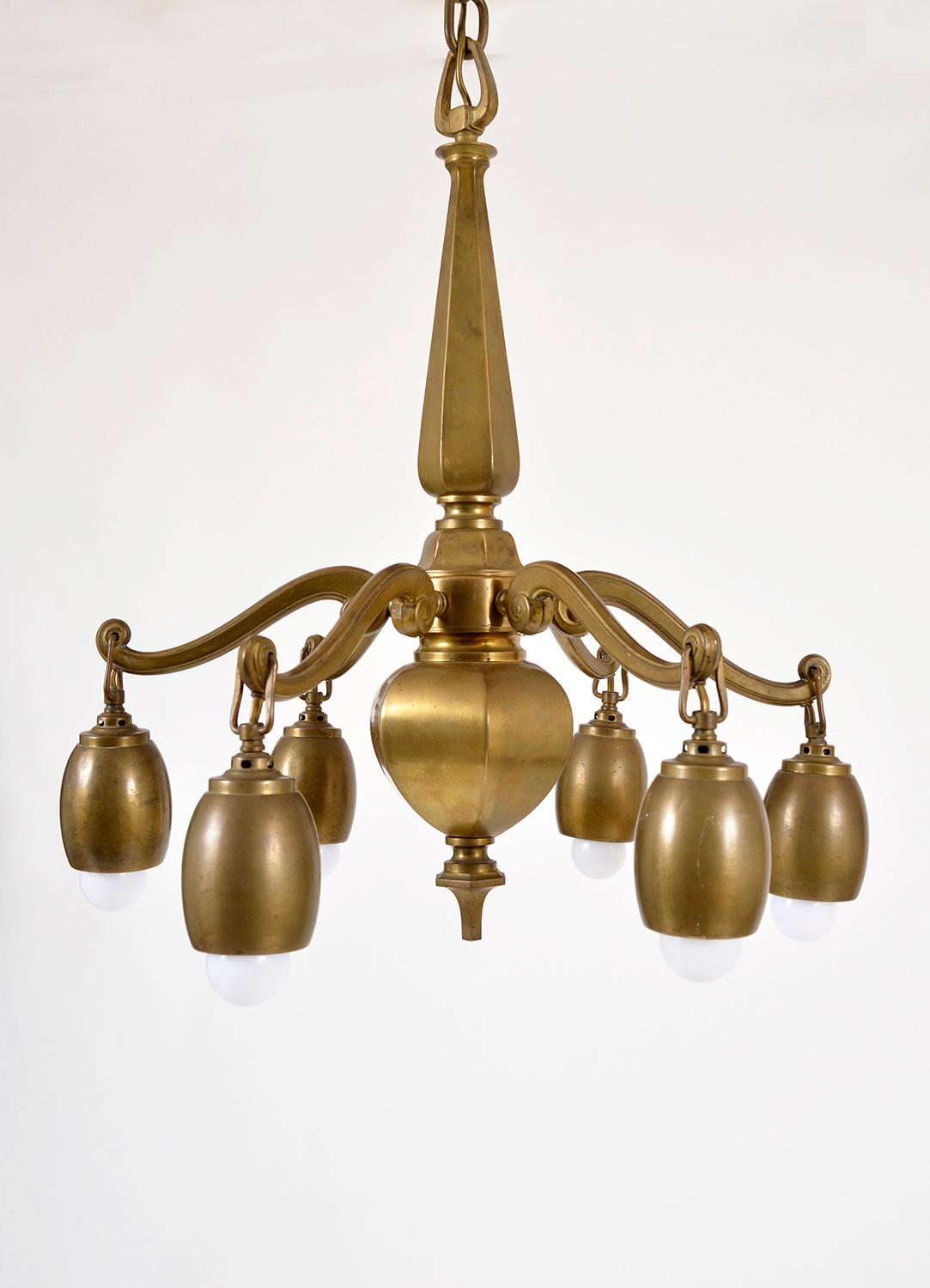 Bohème 1920s Bohemian Art Deco Jugendstil Solid Brass 6-Arm Ceiling Pendant Chandelier en vente