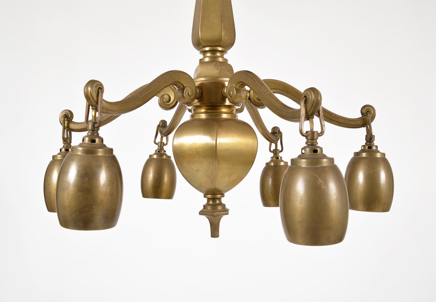 1920s Bohemian Art Deco Jugendstil Solid Brass 6-Arm Ceiling Pendant Chandelier In Good Condition For Sale In Sherborne, Dorset