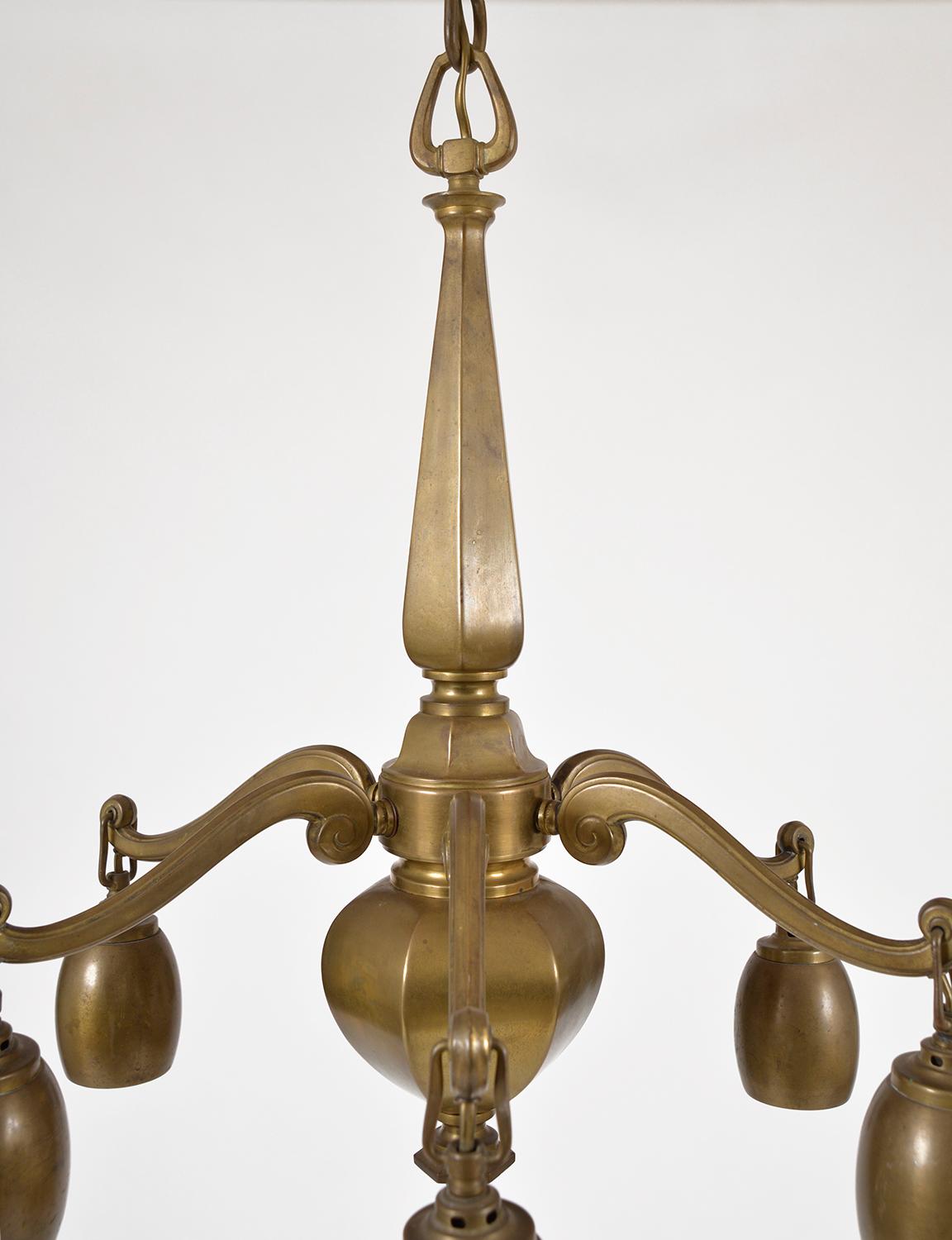Laiton 1920s Bohemian Art Deco Jugendstil Solid Brass 6-Arm Ceiling Pendant Chandelier en vente