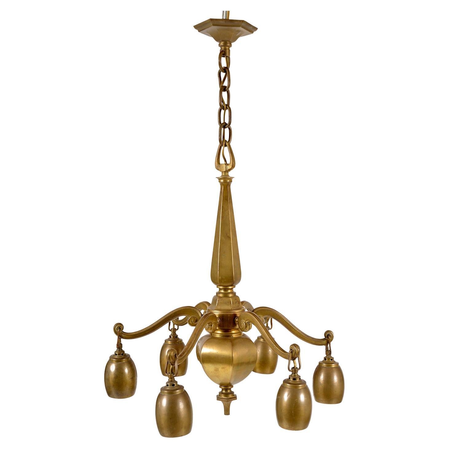 1920s Bohemian Art Deco Jugendstil Solid Brass 6-Arm Ceiling Pendant Chandelier en vente