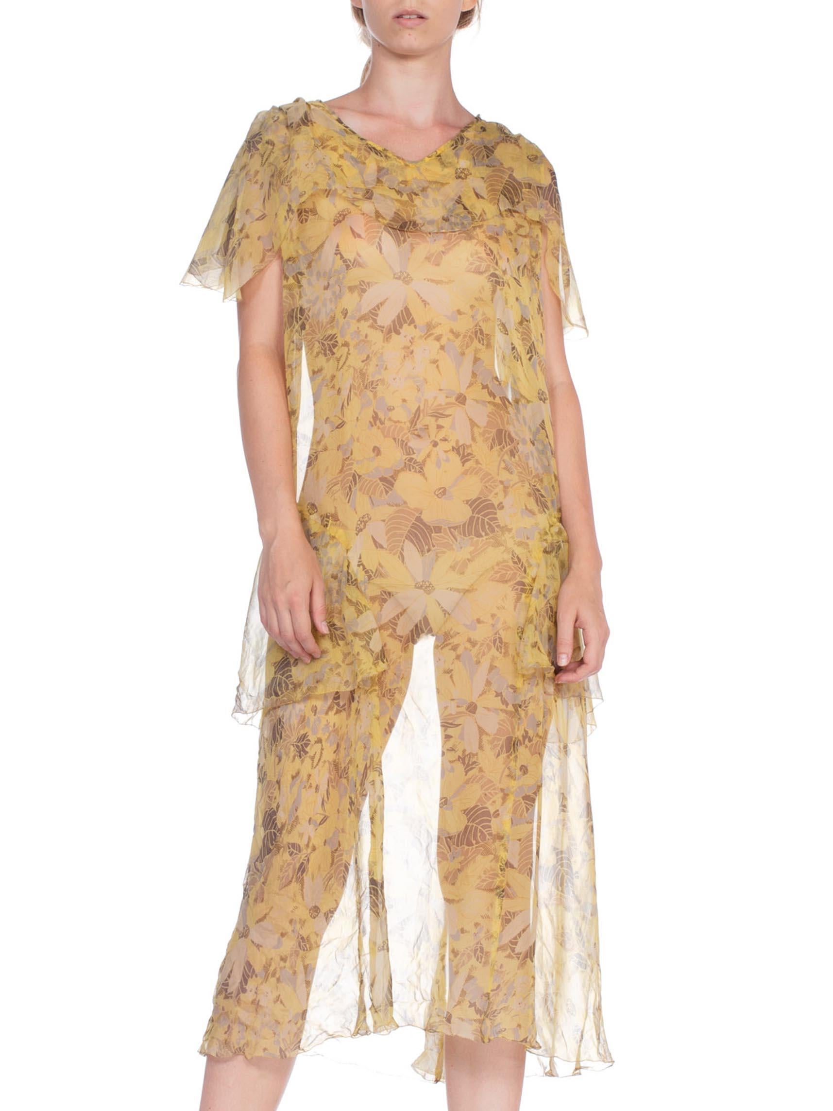 Beige 1920'S Yellow & Grey Floral Silk Chiffon Pullover Cape Sleeve Drop Waist Dress For Sale