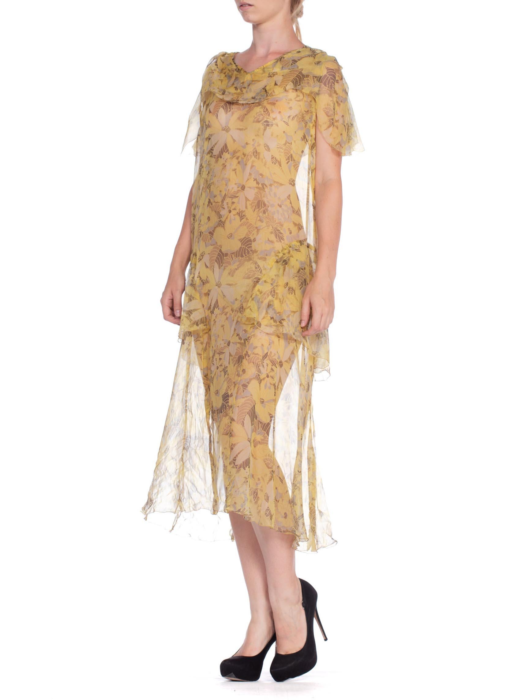 Women's 1920'S Yellow & Grey Floral Silk Chiffon Pullover Cape Sleeve Drop Waist Dress For Sale