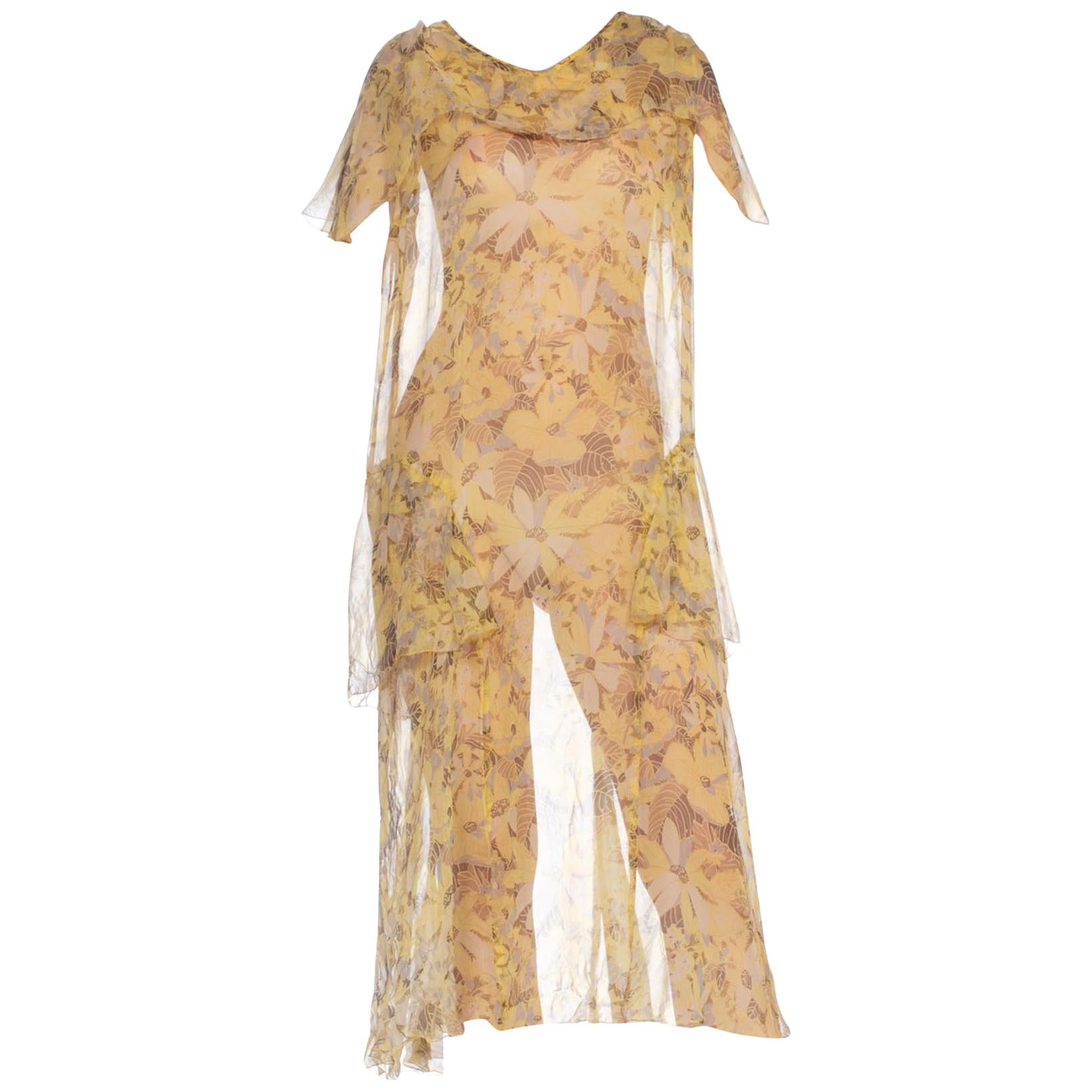 1920'S Yellow & Grey Floral Silk Chiffon Pullover Cape Sleeve Drop Waist Dress For Sale