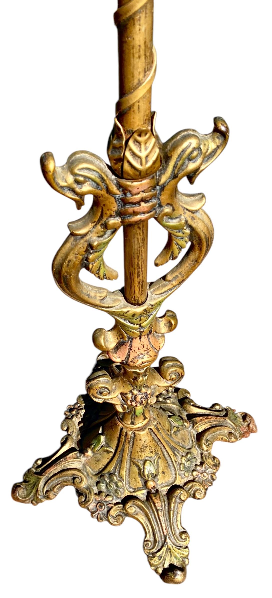 1920’s Brass And Iron Floor Lamp With Vintage Tiffany Style Swirl Shade 2