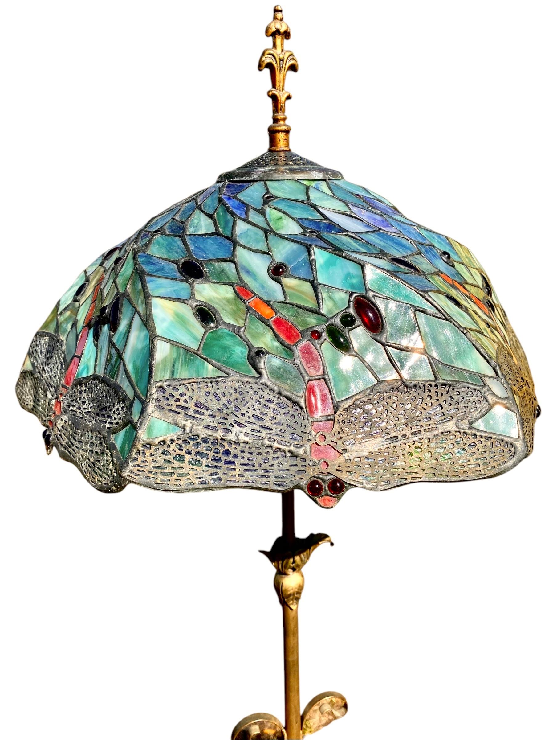 1920’s Brass And Iron Floor Lamp With Vintage Tiffany Style Swirl Shade 3