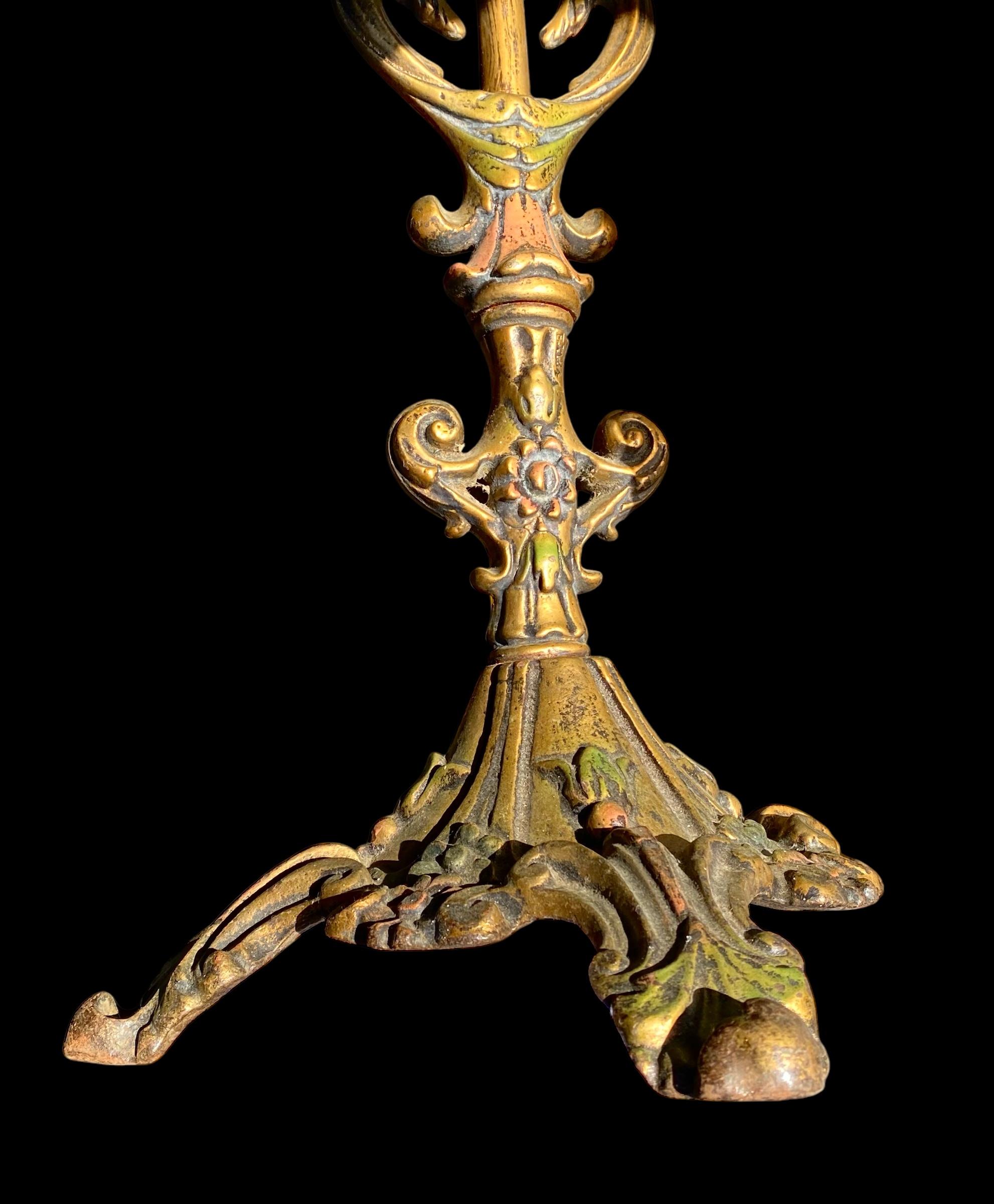 1920’s Brass And Iron Floor Lamp With Vintage Tiffany Style Swirl Shade 5