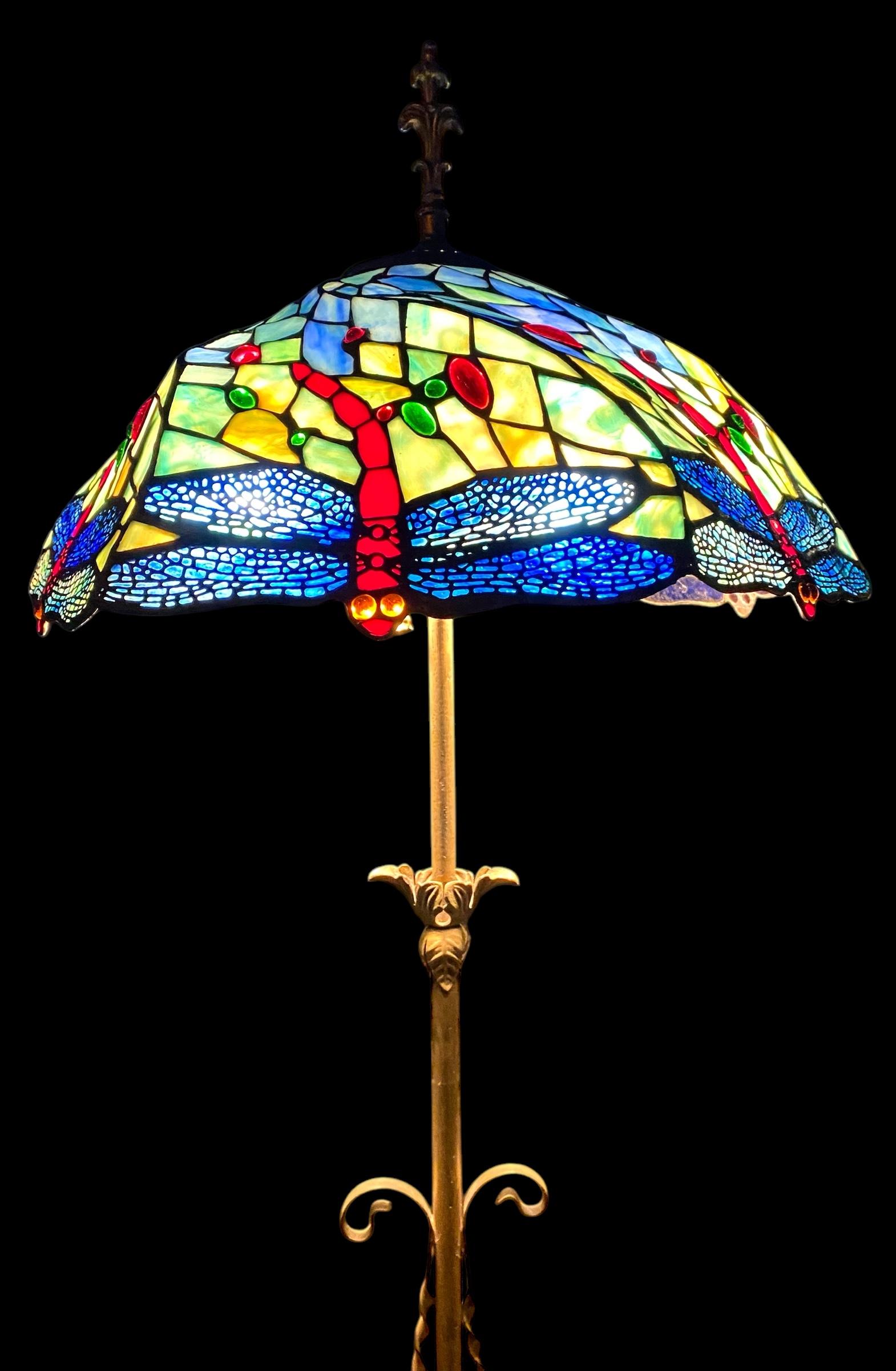 1920’s Brass And Iron Floor Lamp With Vintage Tiffany Style Swirl Shade 9