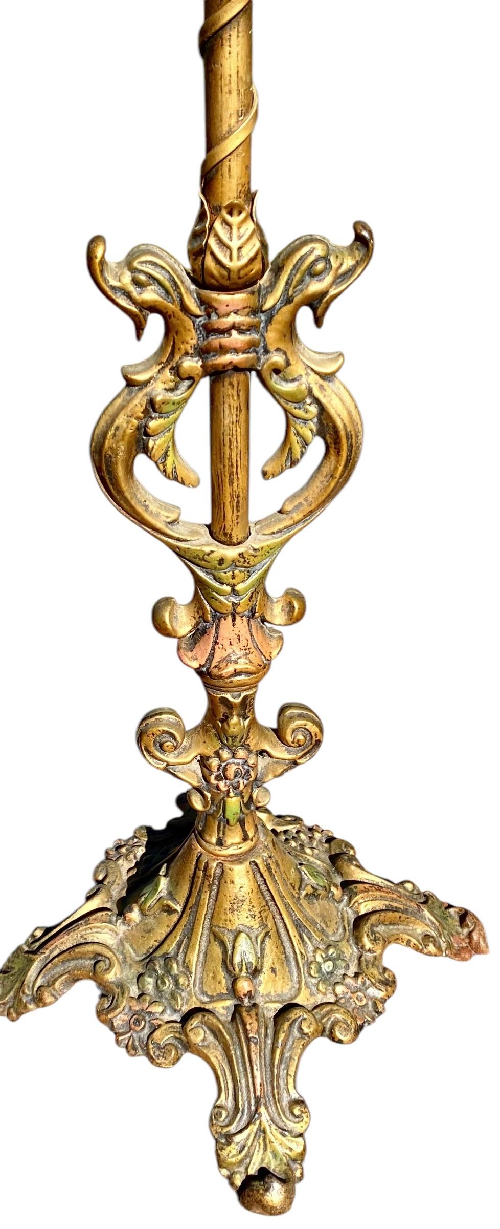 American 1920��’s Brass And Iron Floor Lamp With Vintage Tiffany Style Swirl Shade