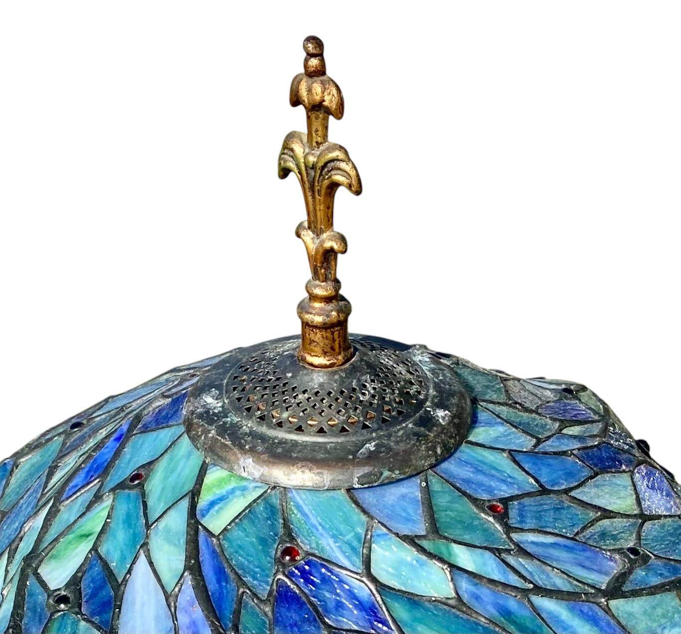 Beaded 1920’s Brass And Iron Floor Lamp With Vintage Tiffany Style Swirl Shade