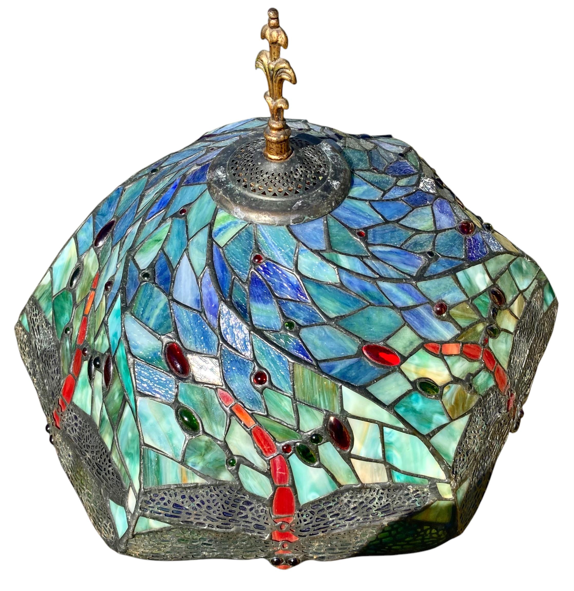 1920’s Brass And Iron Floor Lamp With Vintage Tiffany Style Swirl Shade In Good Condition In New Orleans, LA