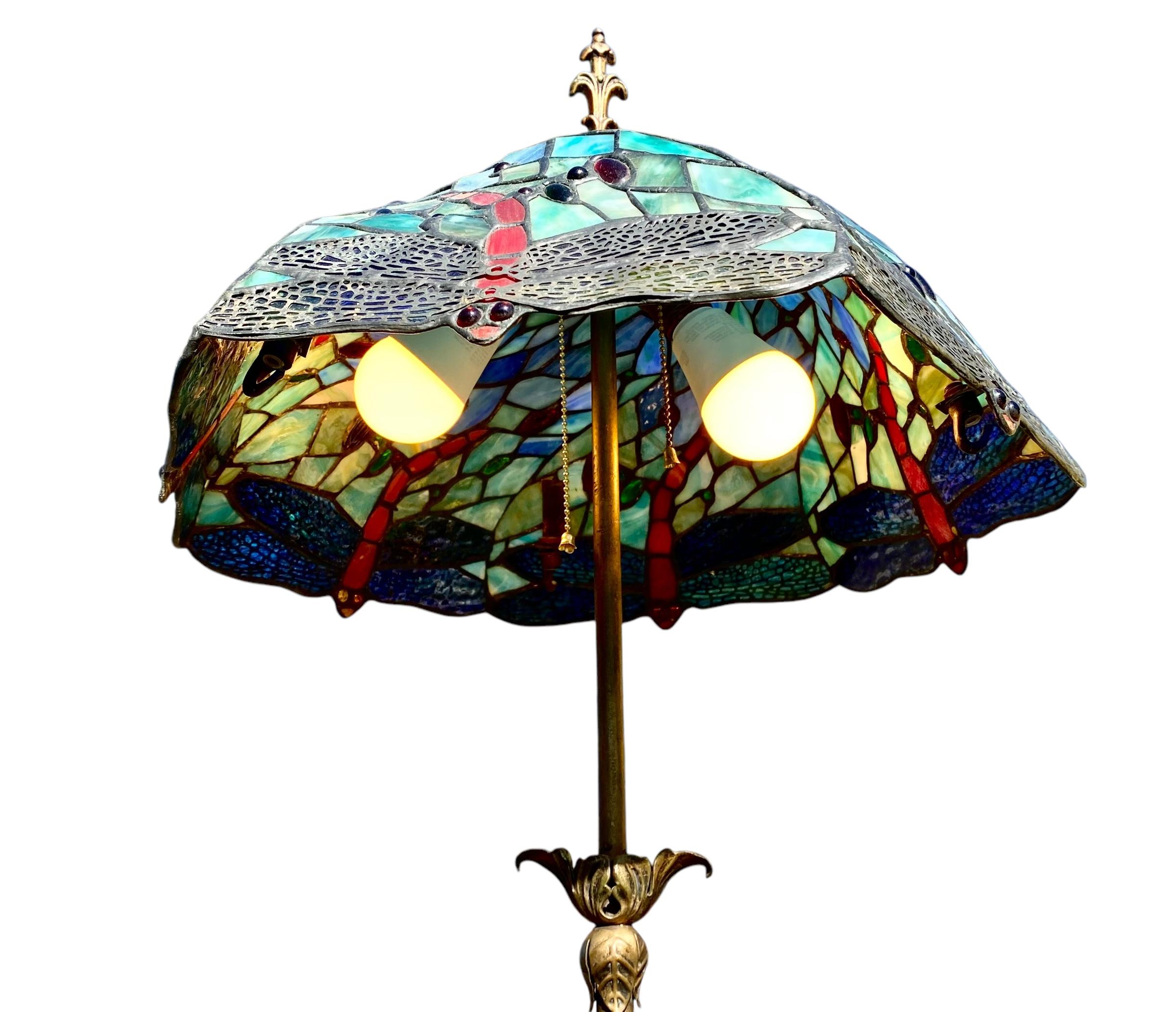 Early 20th Century 1920’s Brass And Iron Floor Lamp With Vintage Tiffany Style Swirl Shade