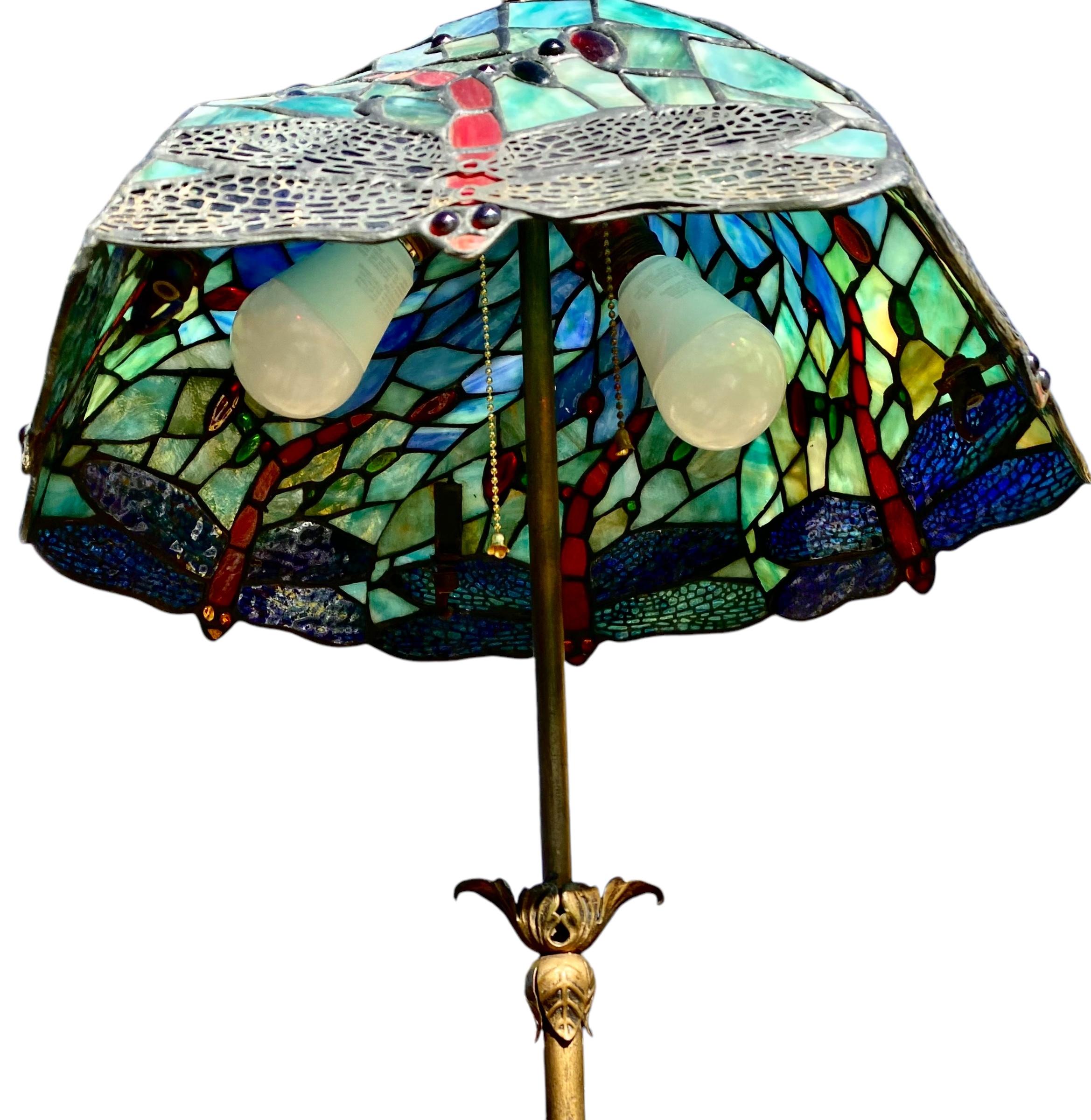 Metal 1920’s Brass And Iron Floor Lamp With Vintage Tiffany Style Swirl Shade
