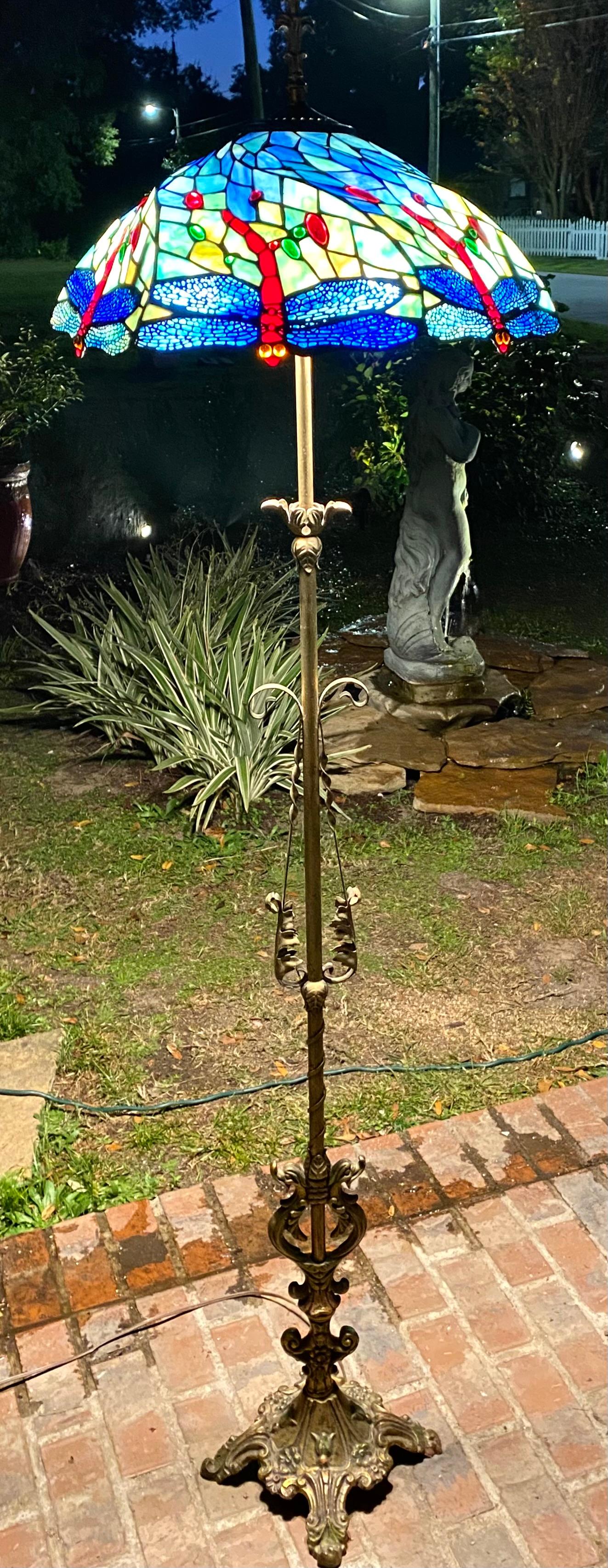 1920’s Brass And Iron Floor Lamp With Vintage Tiffany Style Swirl Shade 1