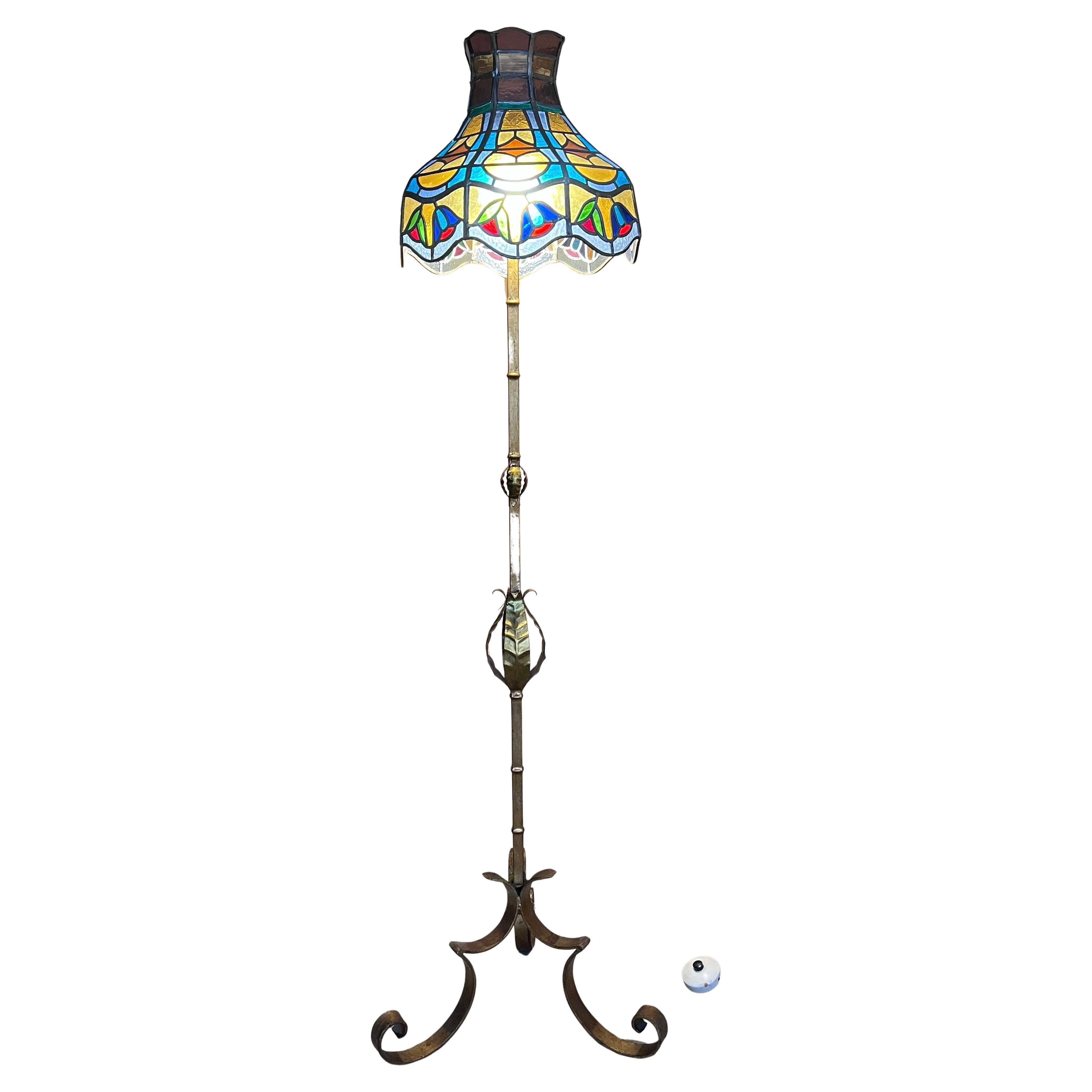 1920’s Brass And Iron Floor Lamp With Vintage Tiffany Style Swirl Shade