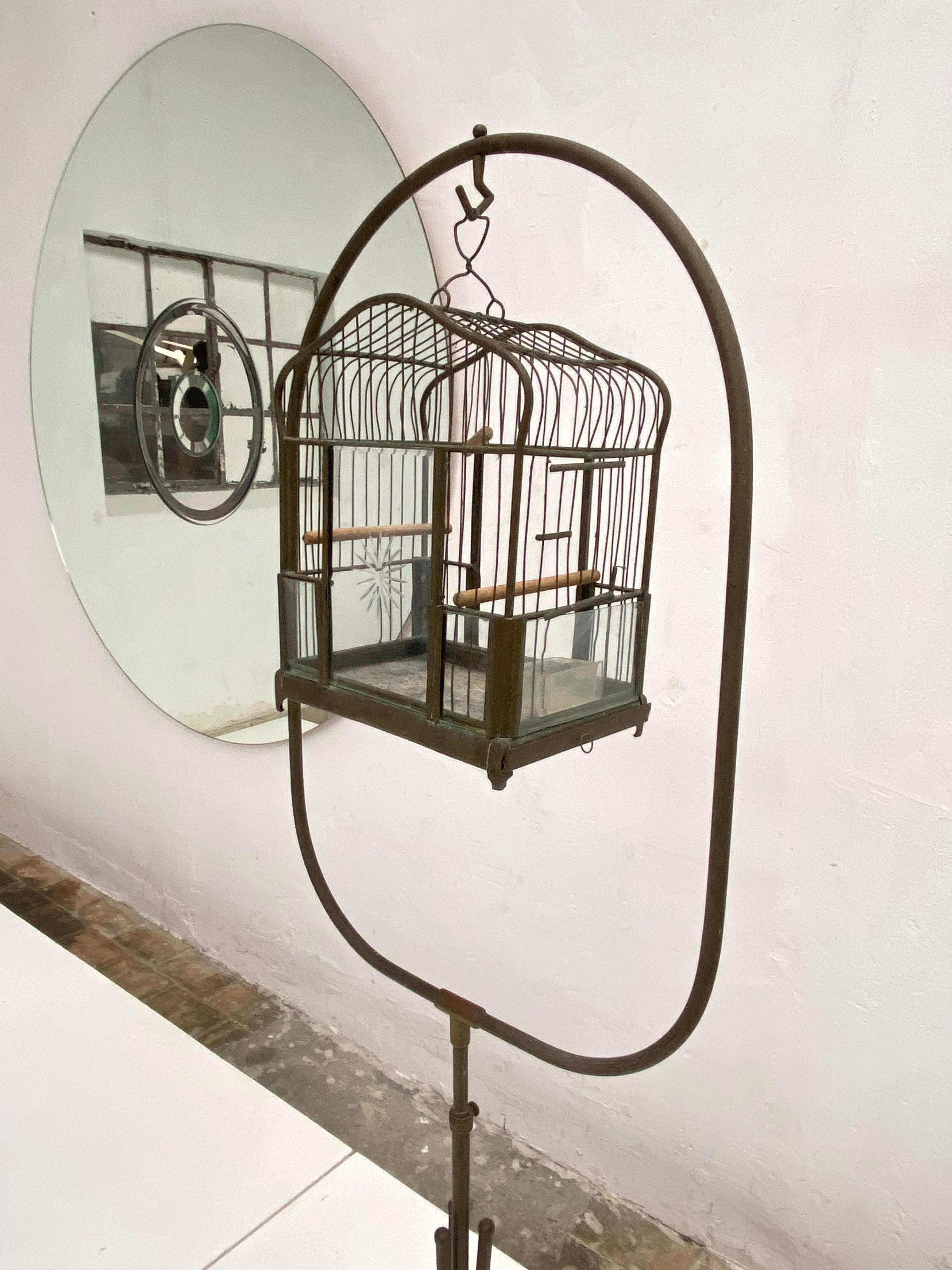 Victorian 1920's Brass Bird Cage on Adjustable Stand Beautiful Original Aged Patina