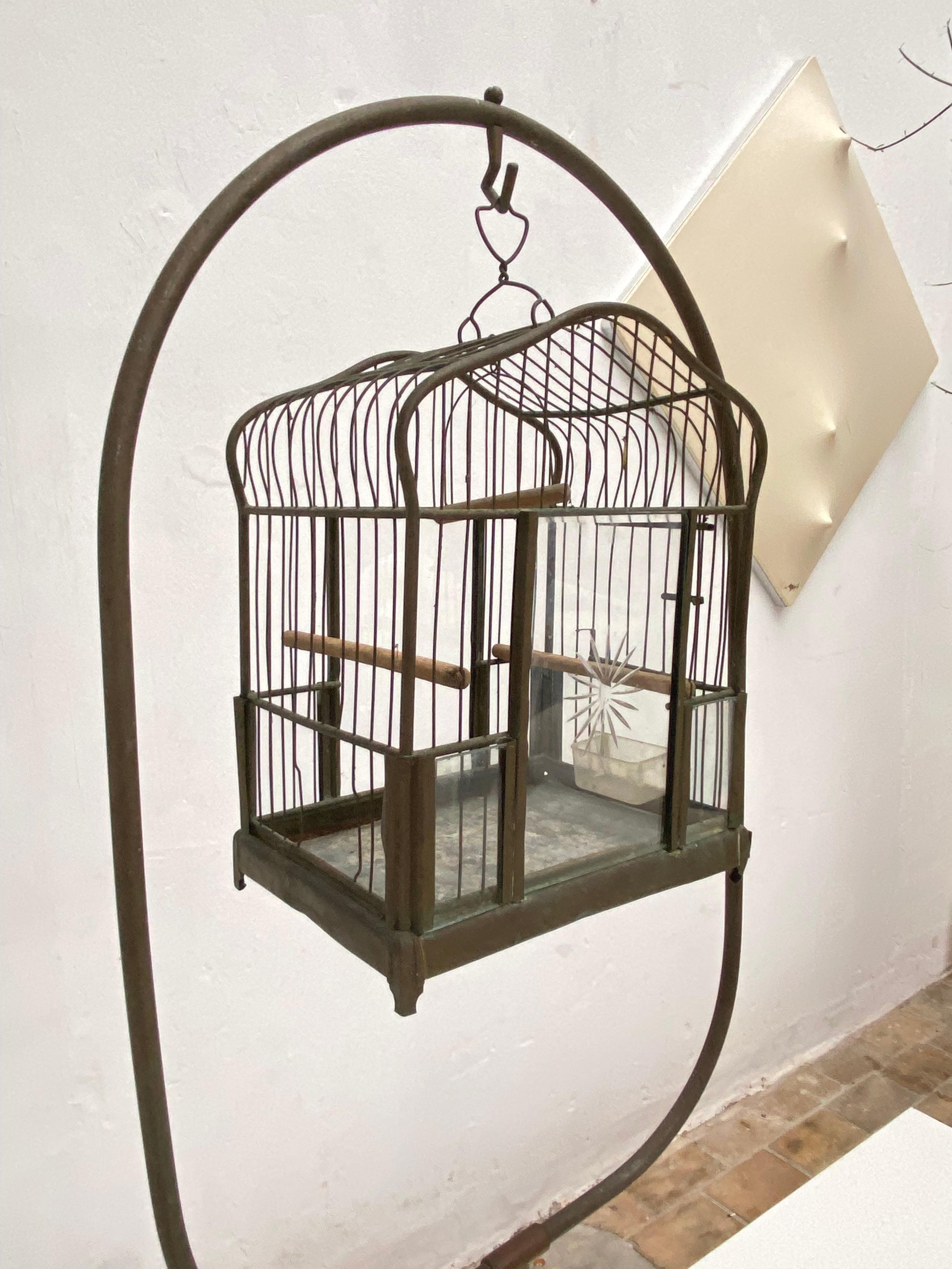 1920's Brass Bird Cage on Adjustable Stand Beautiful Original Aged Patina  1