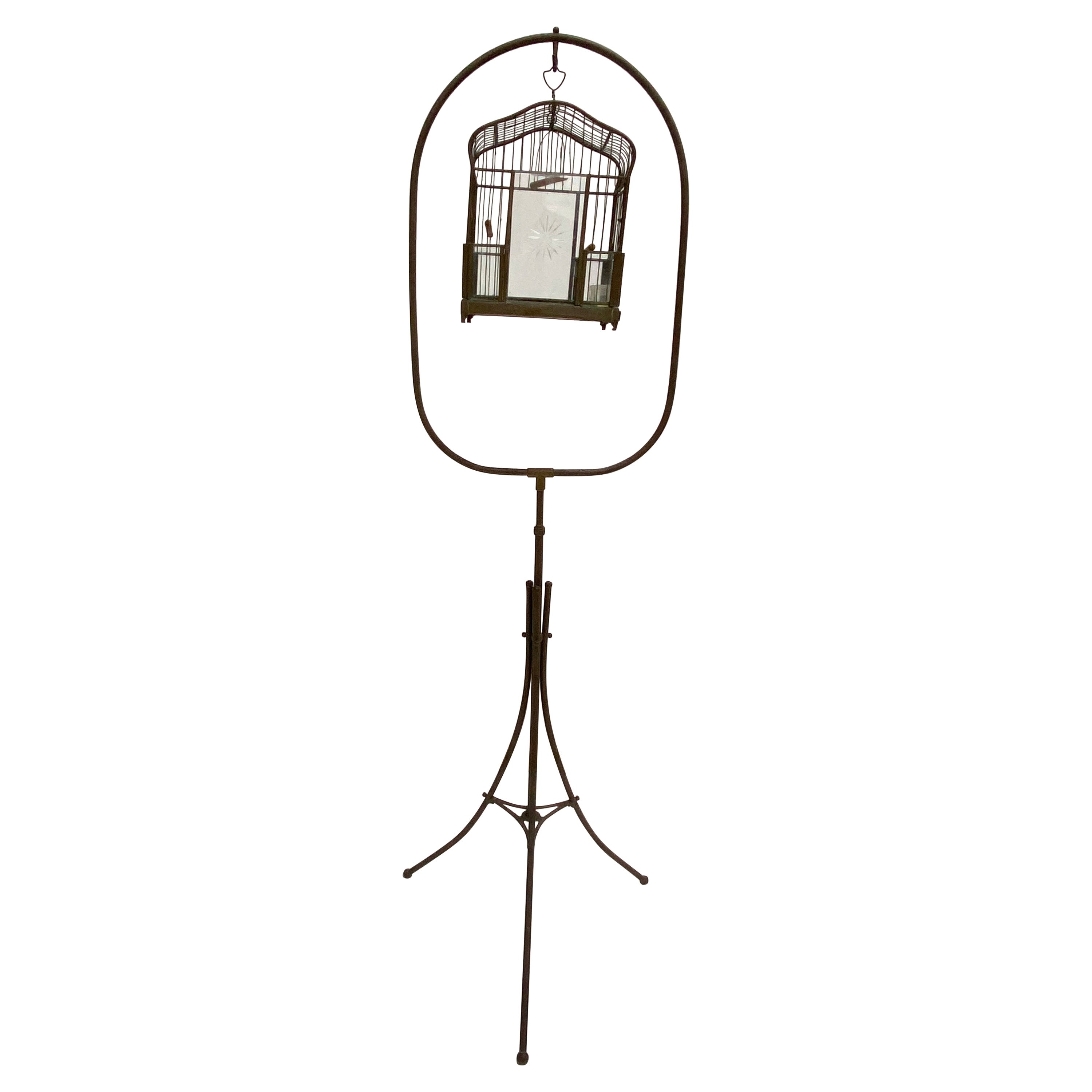 1920's Brass Bird Cage on Adjustable Stand Beautiful Original Aged Patina