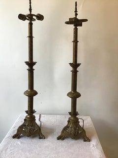 1920s Brass Church Candlestick Lamps