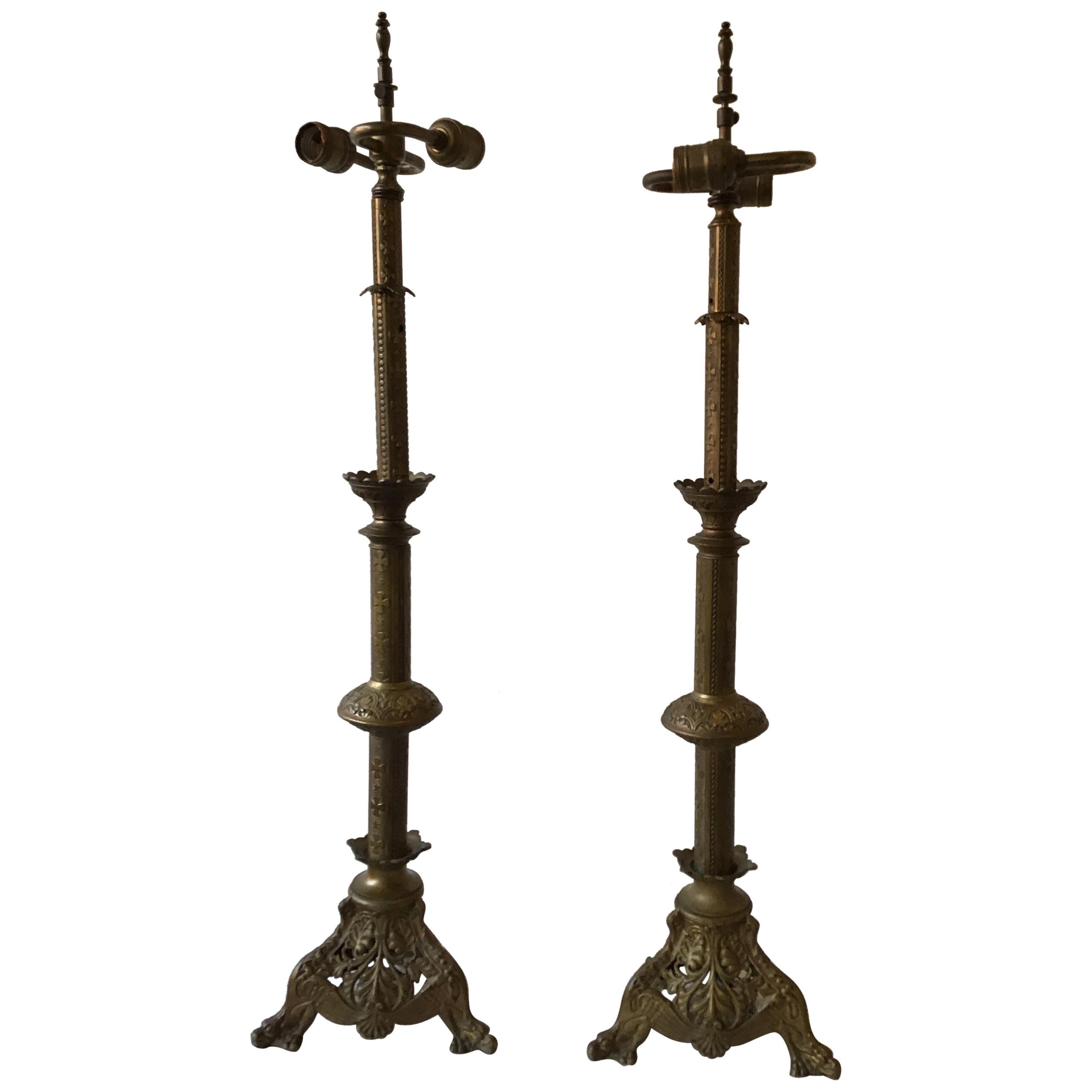 1920s Brass Church Candlestick Lamps For Sale