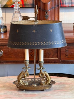 1920s Brass Dolphin Bouillotte Lamp With Tole Shade