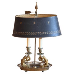 1920s Brass Dolphin Bouillotte Lamp With Tole Shade