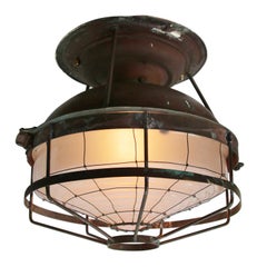 1920s Brass Frosted Glass Vintage Industrial Ceiling Light Flush Mount