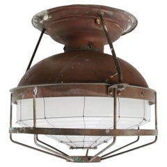 1920s Brass Frosted Glass Antique Industrial Ceiling Light Flush Mount