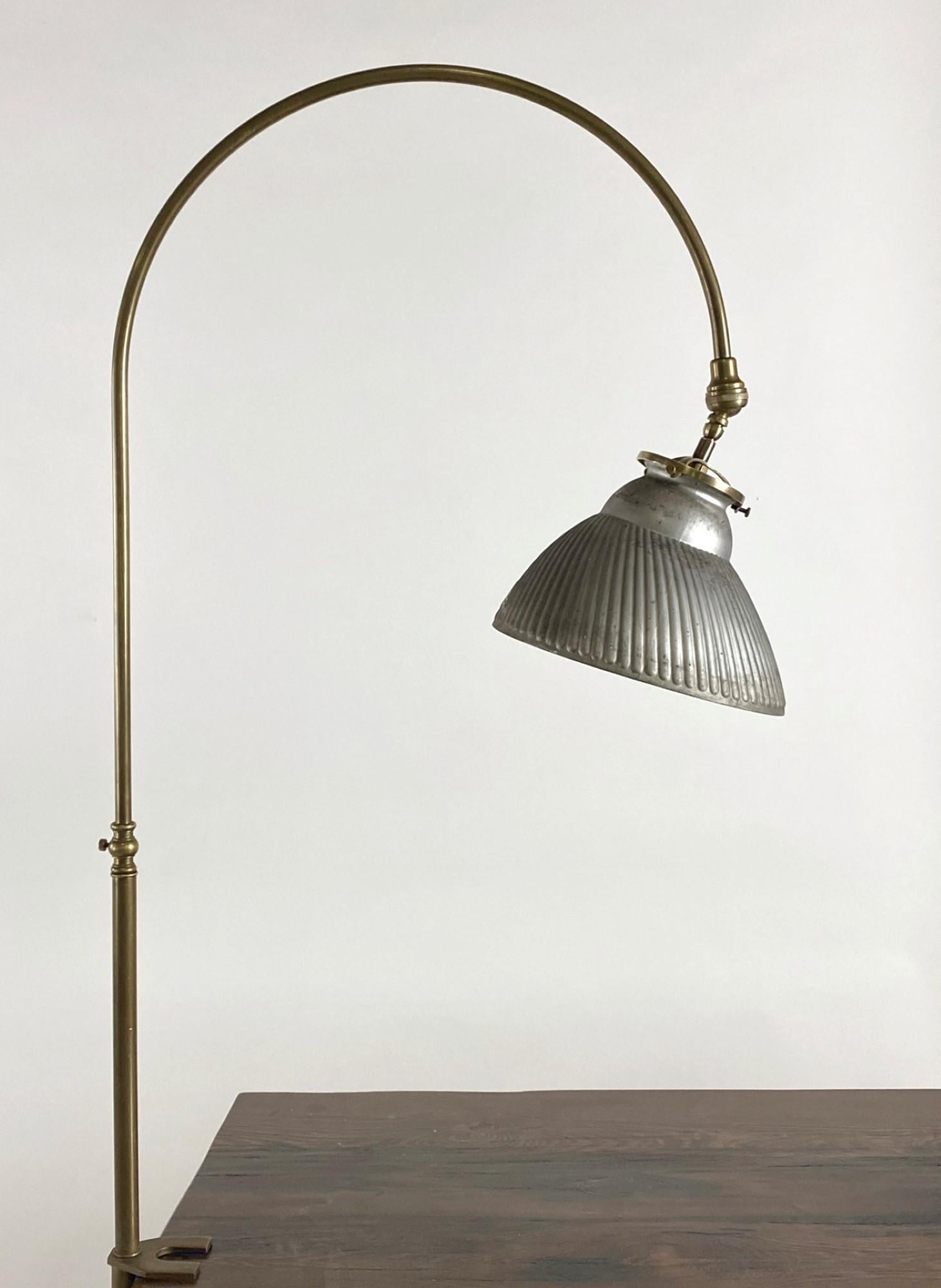 Industrial 1920s Brass Gooseneck Desk Lamp with Mirrored Silver Glass Shade